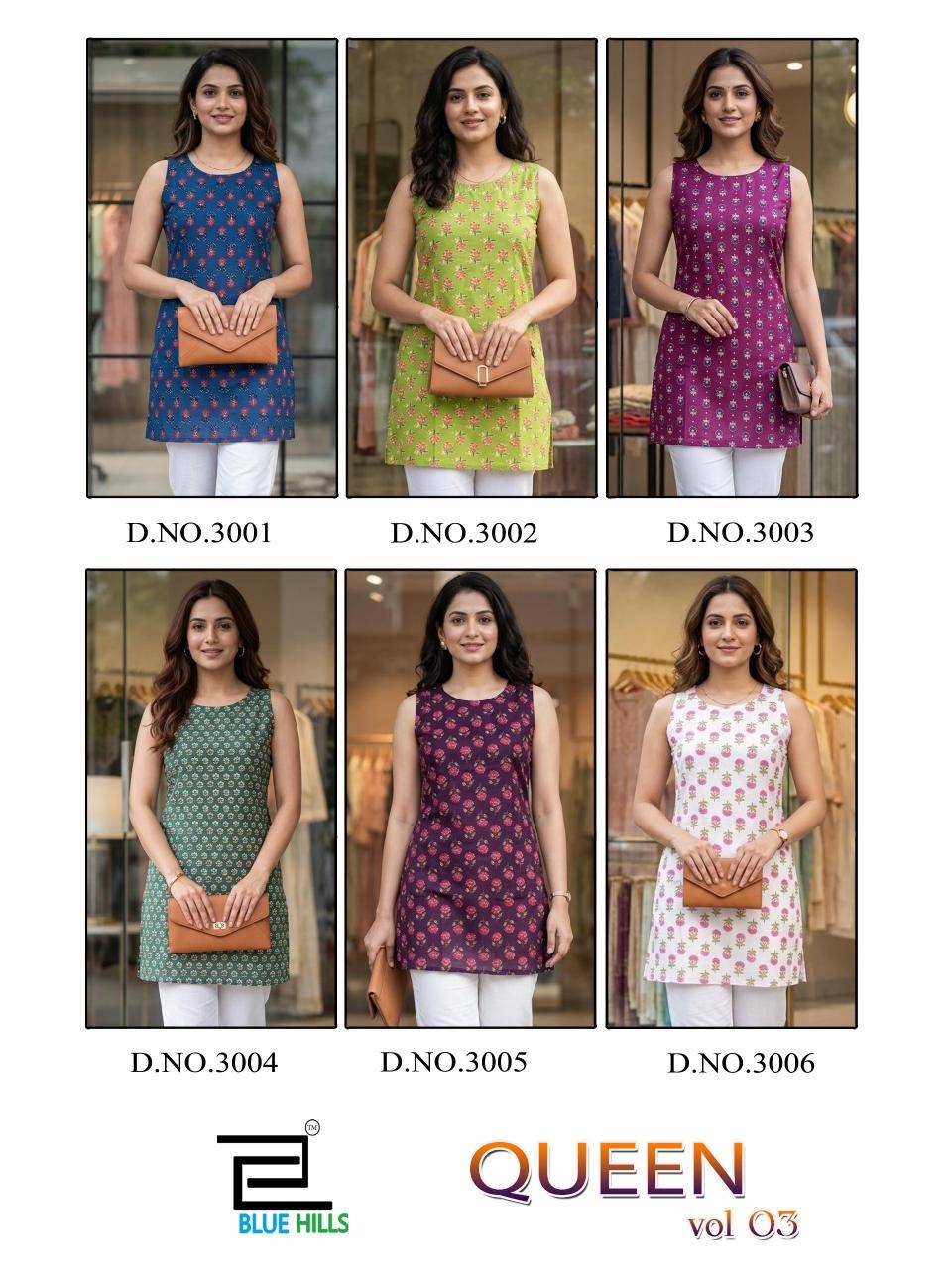  QUEEN vol-3 By Blue Hills 3001 to 3006 Series Designer Stylish Wear & casual Wear Collection pure cotton tops At Wholesale Price